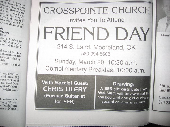 Crosspointe Church Friend Day newspaper ad naming Chris Ulery as special guest