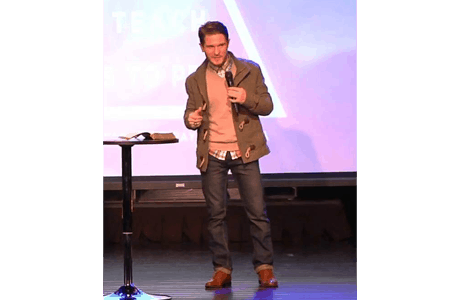 Chris Ulery speaking at the IIID Young Adults service at Victory Church in Tulsa
