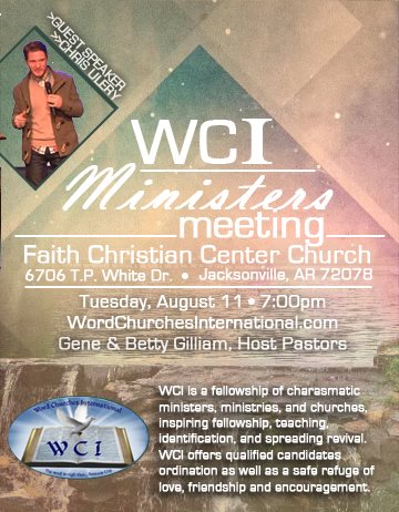 WCI Ministers Meeting flyer at Faith Christian Center Church featuring Chris Ulery