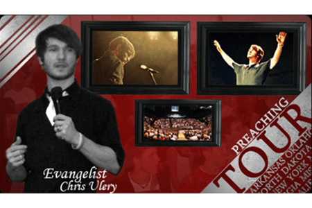 Evangelist Chris Ulery preaching tour promotional graphic with ministry photos