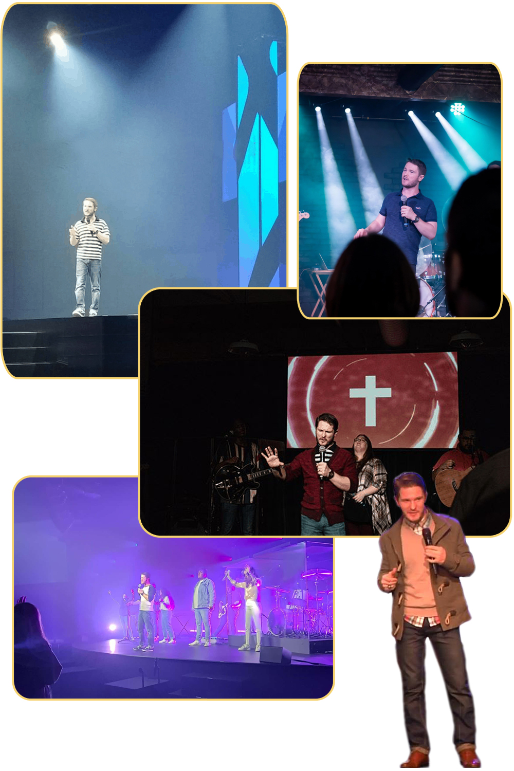 Collage of Chris Ulery preaching on church and conference stages