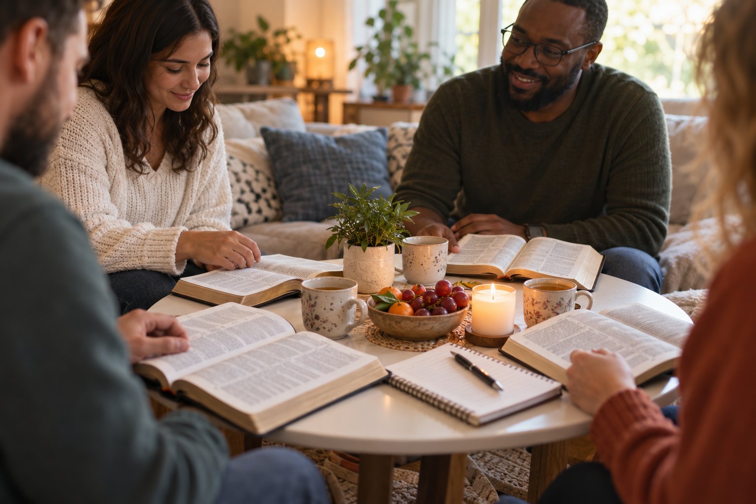 A small group Bible study gathered around a table with open Bibles, tea, and candlelight in a cozy living room